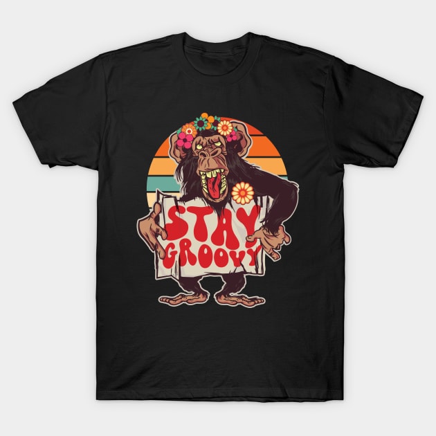 Stay Groovy - Retro Flower Power Monkey for Groovy Dudes T-Shirt by Graphic Duster